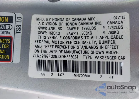 2013 Honda Civic Lx from USA, damaged, VIN 2HGFG3B53DH525024